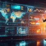 A businessman standing in front of a large computer screen with data on it.